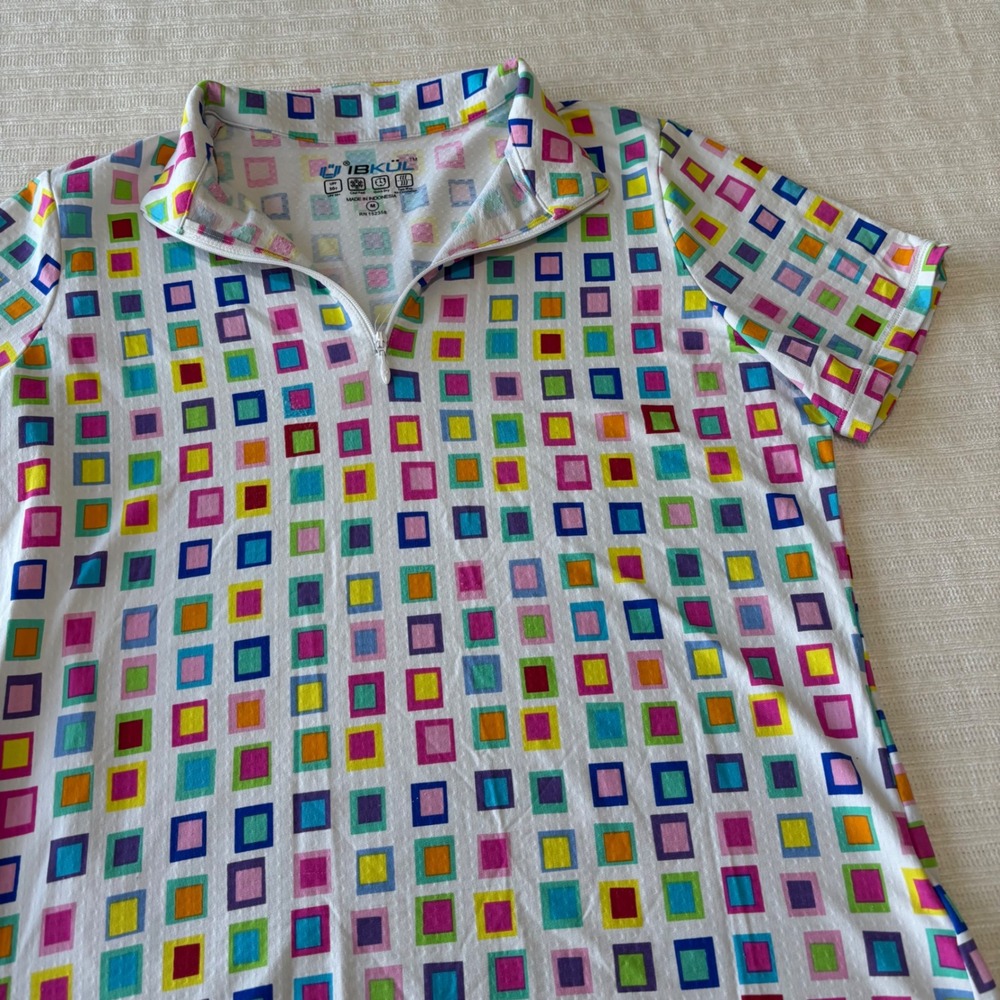 IBKUL Womens Multi Color Geometric Square Print IceFil UPF 50+ Sun Shirt Size M